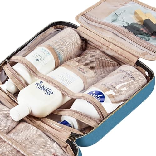 NISHEL Travel Toiletry Bag for women, Portable Hanging Organizer for Full-Sized Shampoo, Conditioner, Brushes Set, Makeup Accessories, Large Size, Lake-Blue — view 5