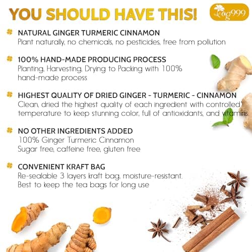 TOG999, Premium 20 Tea Bags Turmeric, Ginger, Cinnamon, 100% Natural, Hand-made Blend of Turmeric, Ginger, and Cinnamon Herbal Tea. Eco-conscious Tea Bags. No Sugar, No Caffeine, No Gluten, Vegan. — view 2