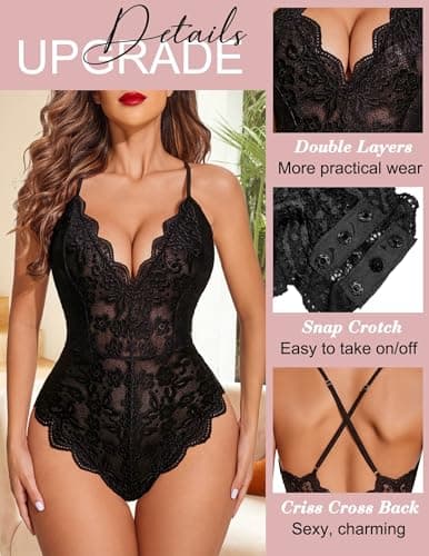 Avidlove Women One Piece Lingerie Deep V Teddy Sexy Lace Bodysuit Snap Crotch Babydoll(Double Layers - Black,XXL)