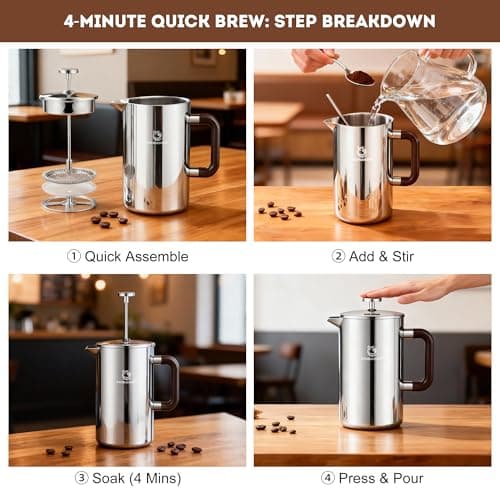 TOMAKEIT 1L/34 Oz French Press Coffee Maker,304 Stainless Steel Coffee Press,Durable & Easy Clean,Leak-Proof Design,Prensa Francesa Para Cafe for Home,Office,Camping (Silver-Upgrade) — view 5