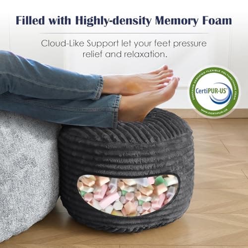 Stuffed Round Ottoman,Corduroy Pouf Ottoman Foot Rest,18 X 14 in,Dark Grey — view 3