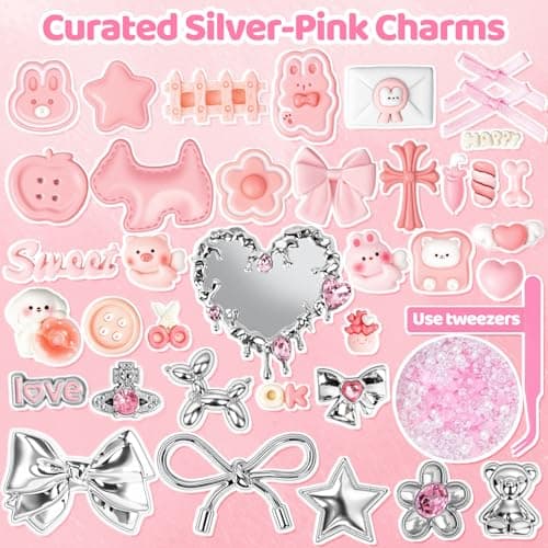 Noledome Junk Case Charms Kit - Pink-Silver Themed Flat Back Resin Pieces - Phone Decorations with Mirror and Tweezers - Kawaii Accessories for DIY Cute and Junk Phone Case, Jewelry, Nail Art, Shoes, Socks, Keychains