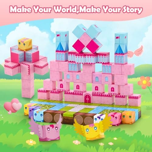 PINKCAT 100PCS Magnetic Blocks, Kids Building Pink Fantasy Castle Cubes, Stacking Tiles, STEM Sensory Toys for Toddlers, Kids Travel Essentials Toy, 3 4 5 6 7 8-12 Years Girls Boys Gifts