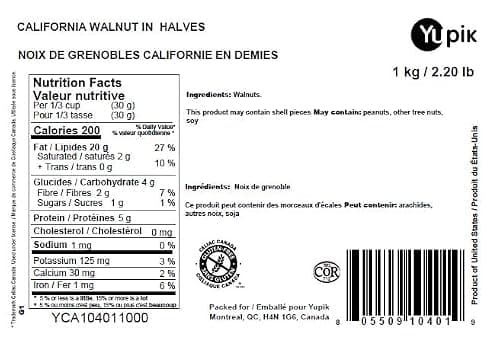 Yupik Raw Walnuts, Halves, 1 kg, Kosher, Gluten-Free, Vegan, Crunchy Nuts, Unsalted, Unroasted, Source of Omegas, Healthy Snacks, Ideal for Baking & Cooking
