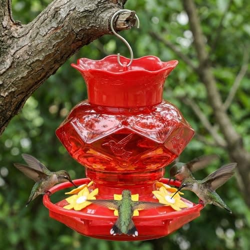Hummingbird Feeders for Outdoors Hanging Ant and Bee Proof, 18OZ Diamond Humming Bird Feeders for Outside Circular Perch with Leak Proof & 6 Feeding Ports, Gifts for Women, Red 2 Pack Plastic