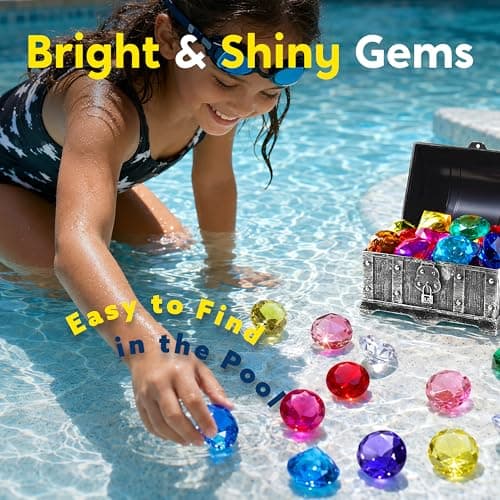 Sloosh Diving Gems Pool Toys,16 Big Colorful Diamond with Pirate Treasure Chest,Swim Dive Toy for Kids Underwater Gemstone Swimming Training Gift Water Toys Pool Games(Silver) — view 2
