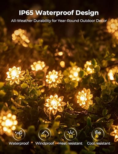 Brightown 50 LED Warm White Solar Flower String Lights Outdoor, IP65 Waterproof Fairy Lights, 8 Modes Solar Christmas Lights Outdoor for Garden Fence Yard Lawn Tree Wedding Party