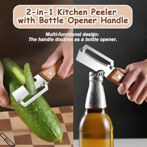 Multi-Functional Vegetable Peeler for Kitchen,Stainless Steel Vegetable Peeler Wooden Handle,Premium-Grade Fruit Peelers Knife with Bottle Opener for Carrot Potato Pumpkin (2PC)