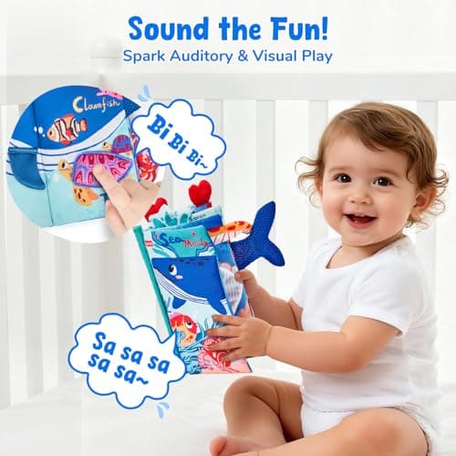 JoyCat Baby Books 0-6-12 Months - Ocean Tummy Time Toys Mirror - Montessori Sensory Activity Cloth Book with 3D Crab & Fish - Newborn Easter Basket Stuffers — view 3