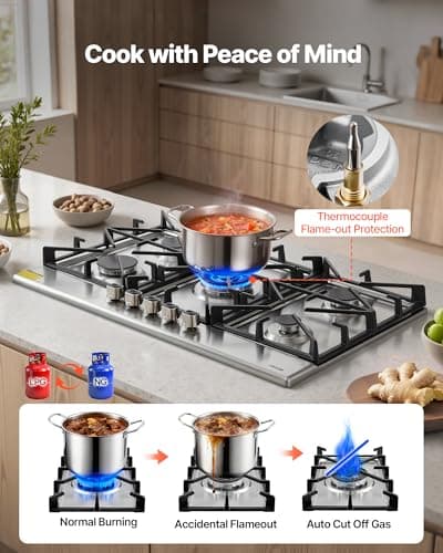 VEVOR 36 inch Gas Cooktop 5 Burners Gas Stove Top, Max 38300BTU Built-in Stainless Steel Stove Top LPG/NG Convertible Dual Fuel Cooktop Stoves with SABAF Dual-Ring Burner for Kitchen Apartment Rvs — view 3