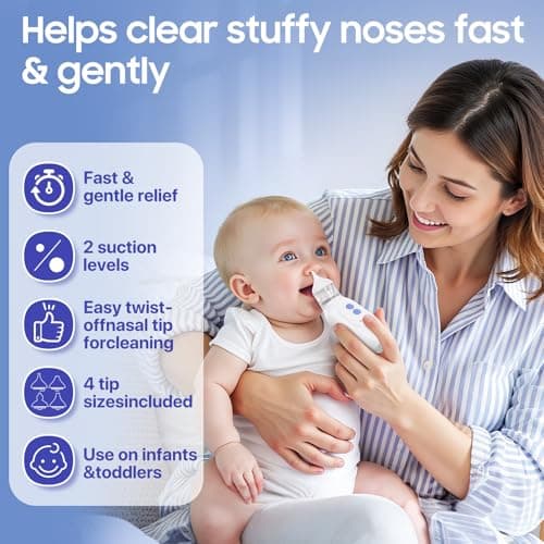 Nasal Aspirator for Baby, Blocked Nose Relief, Electric Baby Nose Sucker with Larger Suction Chamber and More Powerful Suction with 4 Silicone Tips Suitable for Newborns and Babies White