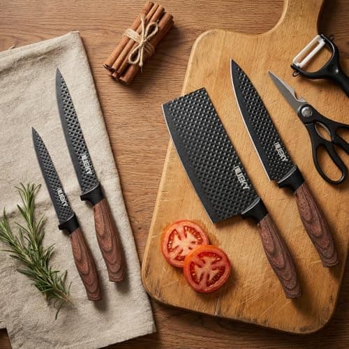 KEPEAK 6PCS Knife Set, Kitchen Knife Set with Nonstick Diamond Coating, High Carbon Stainless Steel Chef Knife Set with Cleaver and Scissors, Rustproof, Gift Box, for Home Kitchen, Chef Gifts — view 3