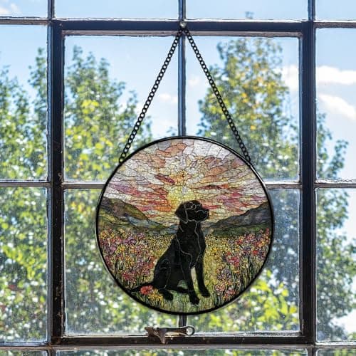 JMENGSSFL Black Labrador Retriever Dog Flower Stained Glass Window Hanging, Black Lab Gifts Suncatcher Sun Catchers Indoor Window, Dog Round Glass Wall Art Hanging Decor, 7.9x7.9 inch — view 2