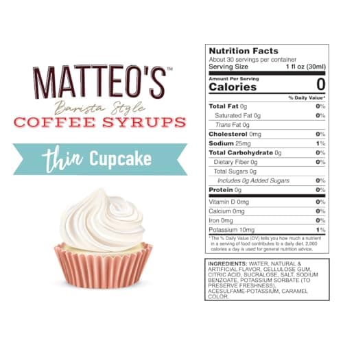 Matteo's Cupcake Syrup for Coffee, Lattes, Cappuccinos & Desserts – Sugar-Free Sweetener for Beverages, Keto Friendly, Zero Calories, Indulgent Flavor, Non-Alcoholic, Ideal for Hot Drinks 33.8oz (1pk)