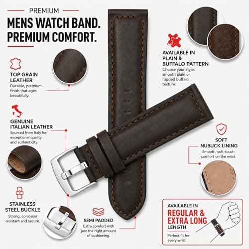 Bandini Extra Long (XL) 18mm Mens Italian Leather Watch Band Strap - Black - Mat Finish - Tone-on-Tone Stitching — view 2