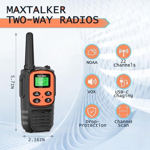 Walkie Talkies Long Range for Adult, MT10 Rechargeable Walkie Talkies FRS Two Way Radio, NOAA, 1200mAh Li-ion Battery USB-C Cable, LED Flashlight, VOX Walkie Talkie for Hiking Camping 2Pack