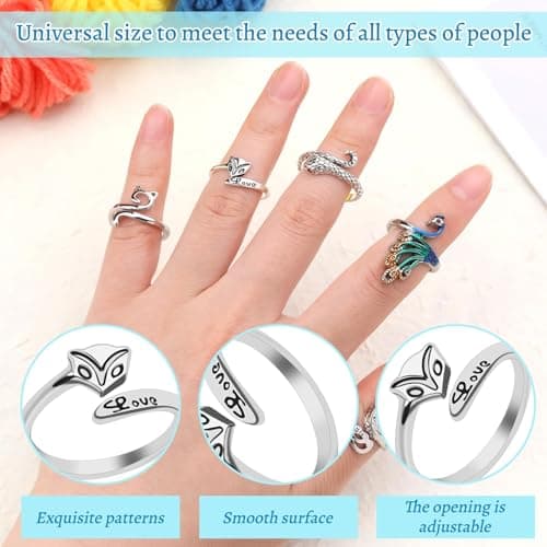 FOUSNOW 11 Pcs Crochet Ring, Adjustable Knitting Tension Rings, Finger Loop Yarn Rings Crochet Ring for Finger, Cat Guide Knitting Thimble, Faster Knitting Accessories for Mother Grandma — view 4