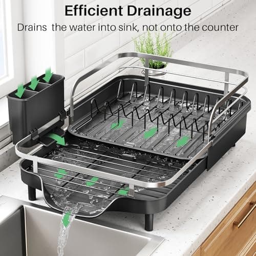 SNTD Dish Drying Rack, Expandable Dish Rack for Kitchen Counter, Stainless Steel Dish Drainer with Drainboard Set and Utensil Holder (Black) — view 3