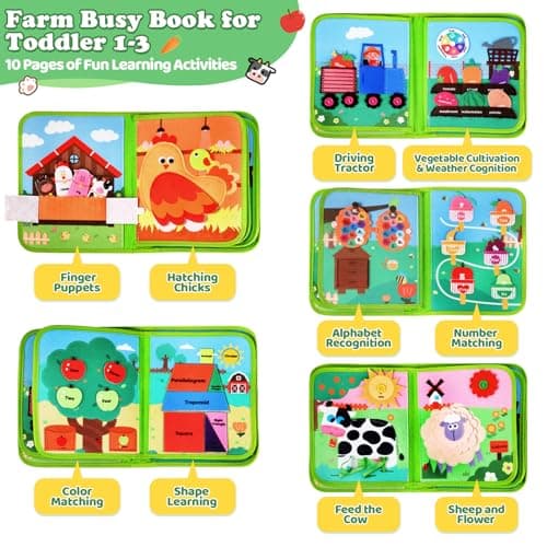 OCHIDO Busy Book for Toddlers 1-3, Montessori Farm Quiet Book with Finger Puppets, Soft Sensory Activity Book for Travel Learning, Christmas Birthday Gift for Boys & Girls — view 4