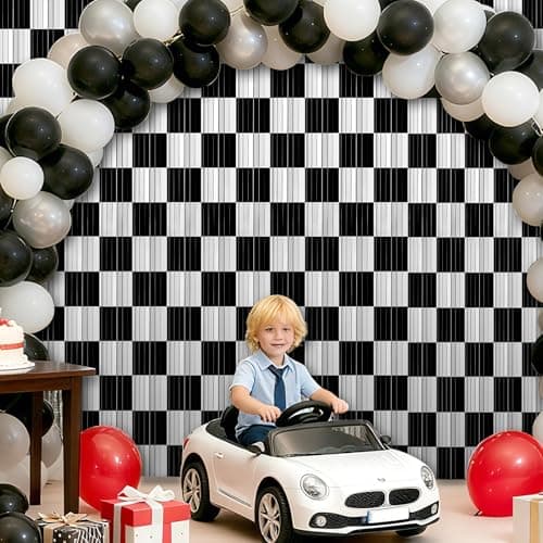 Crosize 2 Pack 3.3 x 9.9 ft Race Car Party Decorations Fringe Curtains, Black & White Tinsel Curtain Backdrop for Parties, Door Streamers, Glitter Streamer Backdrop for Birthday Decoration — view 3