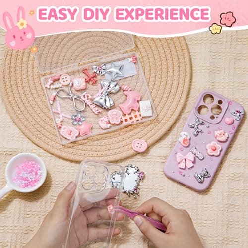 Noledome Junk Case Charms Kit - Pink-Silver Themed Flat Back Resin Pieces - Phone Decorations with Mirror and Tweezers - Kawaii Accessories for DIY Cute and Junk Phone Case, Jewelry, Nail Art, Shoes, Socks, Keychains — view 4