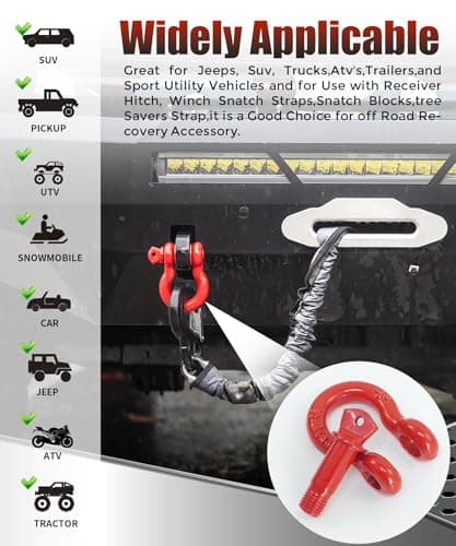 Krytonel 2 Pack Red D Ring Recovery Shackles 1/2" with 9/16" Screw Pin, 26,400 lbs Break Strength Heavy Duty Tow Shackles for Winch, Off Road Jeep, Truck, SUV, ATV, UTV