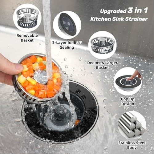 Hibbent Upgraded 3 in 1 Kitchen Sink Drain Strainer, Stainless Steel Pop Up Sink Stopper, Larger Anti-Clogging Basket, 3-Layer Seal, Detachable Drain Plug for US Standard 3-1/2" Drain, Matte Black