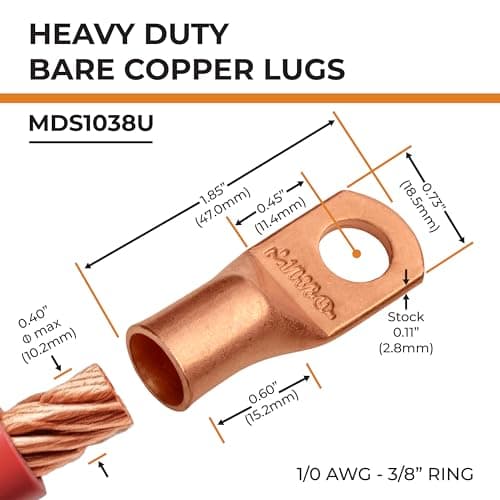 SELTERM 1/0 AWG 3/8 inch Stud (5 pcs.) UL Heavy Duty Battery Ring Terminal 0 Gauge Connector, Tubular Electrical Wire End Cable Lugs, Bare Copper Eyelets [B67], MD1038U / MDS1038U