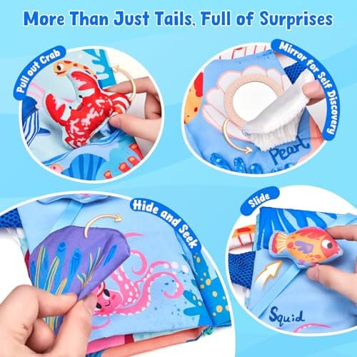 JoyCat Baby Books 0-6-12 Months - Ocean Tummy Time Toys Mirror - Montessori Sensory Activity Cloth Book with 3D Crab & Fish - Newborn Easter Basket Stuffers — view 4