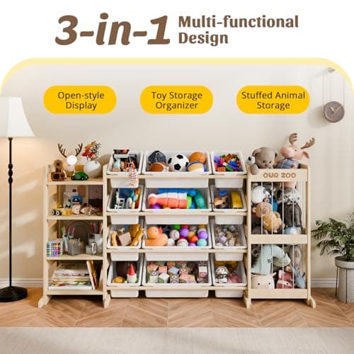 Large Kids Toy Storage Organizer - Toy Organizers and Storage with Stuffed Animal Storage, Solid Wood Toy Storage Shelf with 12 Plastic Bins, 4-Tier Bookshelf for Kids Room, Playroom, Bedroom, 59 inch — view 2