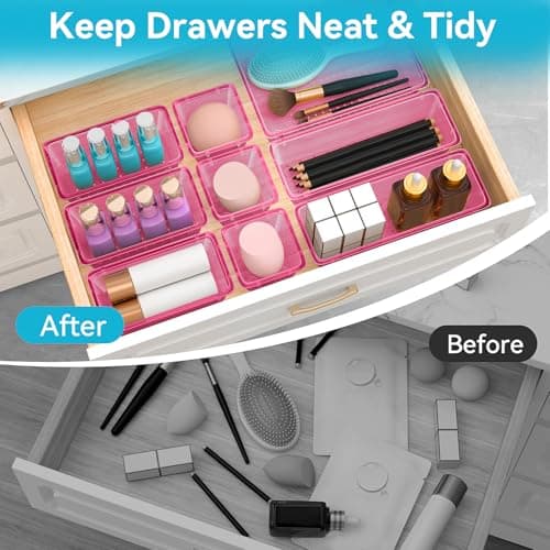 ElegantArray 12 PCS Drawer Organizer Set, 4 Sizes Tool Storage Trays, Clear Plastic Makeup Vanity Organizer and Storage Bins for Stationeries, Multiple Gadgets for Office, Bedroom, Pink — view 2