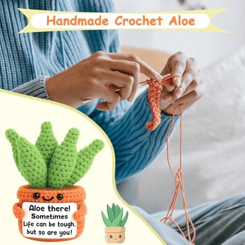 GiftMark Positive Crochet Aloe Plant Gift for Women, Handmade Encouragement Desk Decor with Inspirational Message Card, Cute Knitted Plant Gift for Friend Coworker Daughter Teacher Nurse — view 3