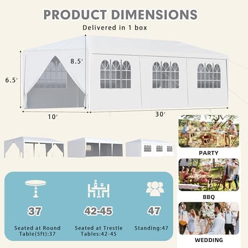 MELLCOM 10x30FT Party Tent, Outdoor Wedding Tent with 6 Sidewalls & 2 Zippered Doors for Holiday BBQ & Events, Birthday Parties (White)