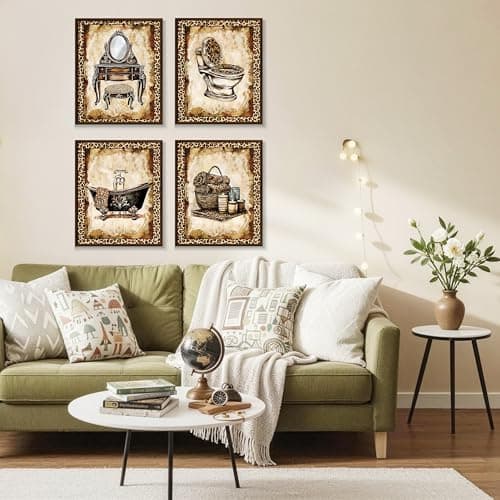 MKYFHSVGD Leopard Print Bathroom Wall Art Posters Set of 4, Vintage Cheetah Vanity Bathtub Toilet Prints Posters for Bathroom Washroom Restroom Powder Room Wall Decor, 8x10 Unframed