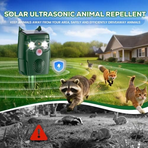 Ultrasonic Animal Repellent Outdoor, Solar Power Cat Rodent Raccoon Repeller, Squirrel Skunk Control Device with Motion Sensor and FIashing Light, Waterproof Rabbt Snake Deterrent for Outdoor
