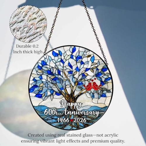 EKASPEEK 60th Wedding Anniversary Stained Glass Suncatcher, 8x8' Diamond Anniversary Decorations, 60th Celebration Marriage Gifts for Parents, Couple, Wife & Husband, 60 Wedding Milestone Keepsake — view 3