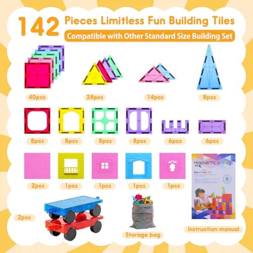 HAPPYMATY Next-Gen Antibacterial Magnetic Tiles 142PCS with 2 Cars, Built-in Antibacterial Protection, Inhibits Bacterial Growth for Healthier Play, STEM Educational Building Blocks for Kids Aged 3+ — view 5