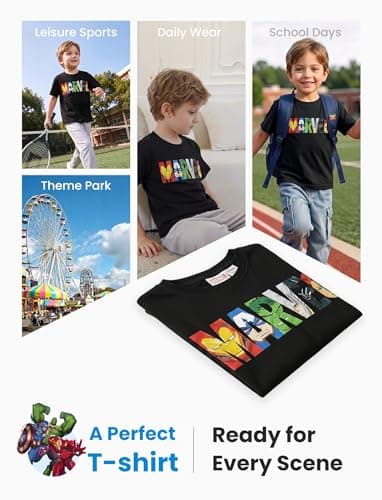 Disney Marvel Teen Tshirts Boys Avengers Black Tee Shirts Hulk Iron Man Young Kids Cartoon Short Sleeve Tops Children Summer Fall Activewear Holiday Soft Apparel Beach Tropical Clothes 8-9 Years — view 4
