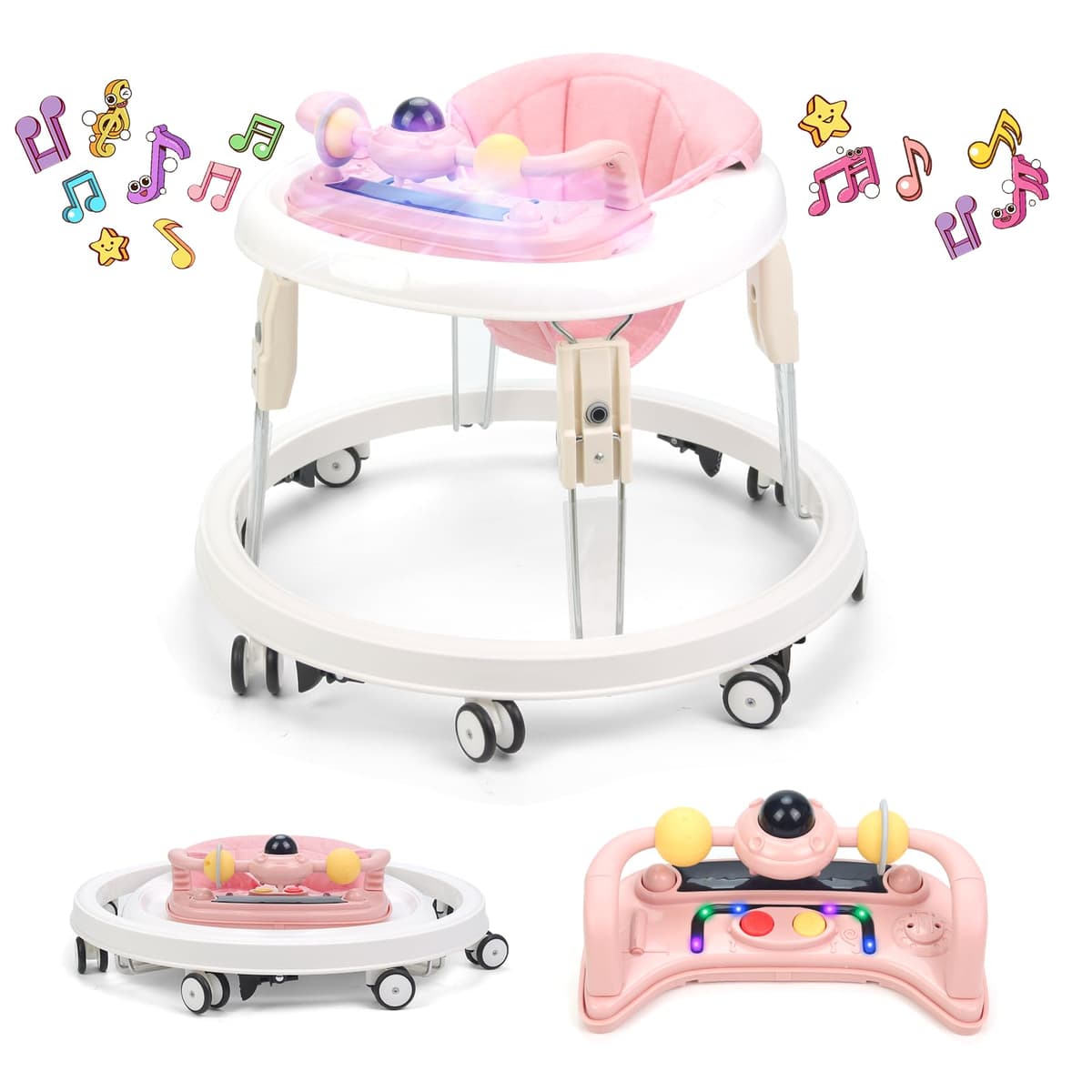 Baby Walker, Foldable Multi-Function Anti-Rollover Walker with Music Tray & Light, 7 Level Height Adjustable, Baby Walkers for 1 Year Olds Suitable for All Terrains (Pink)