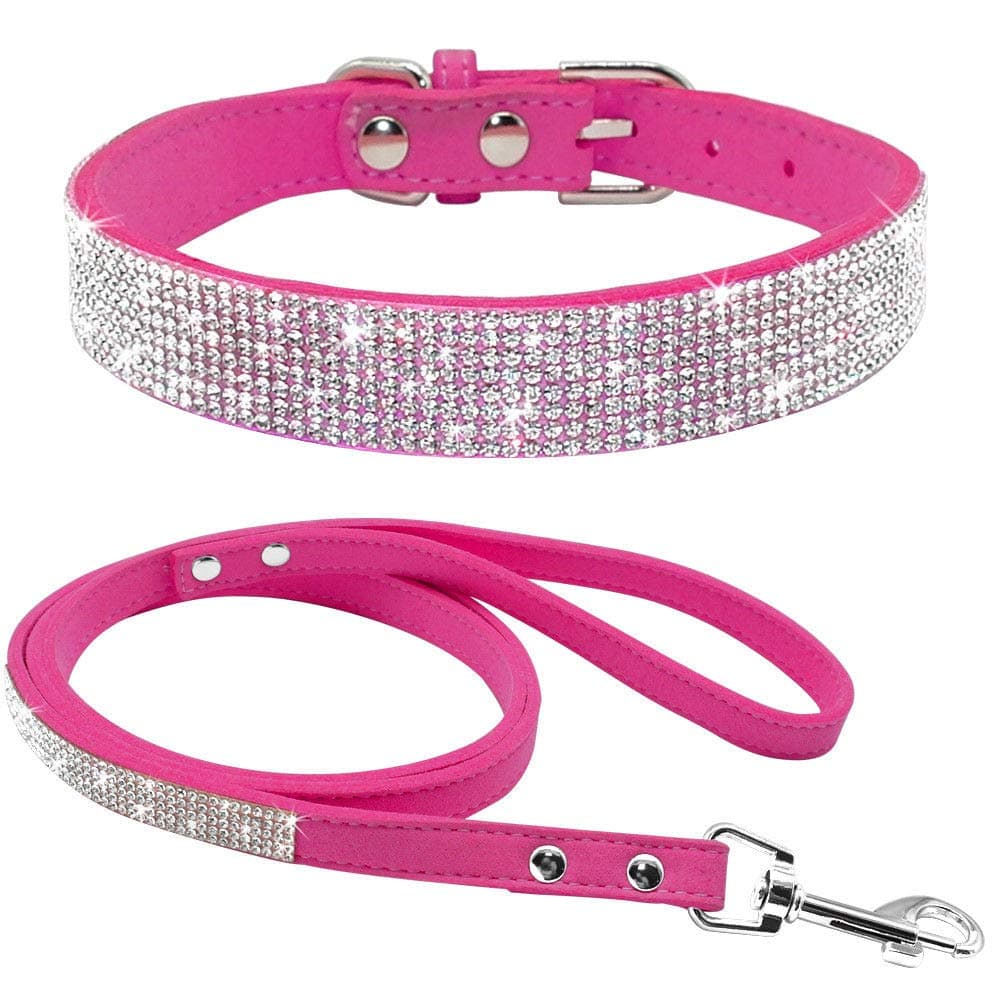 Cute Dazzling Sparkling Elegant Fancy Soft Suede Leather Bling Rhinestone Crystal Jeweled Pet Cat Dog Puppy Collar Dog Leash Combo Set (M, Hot Pink)