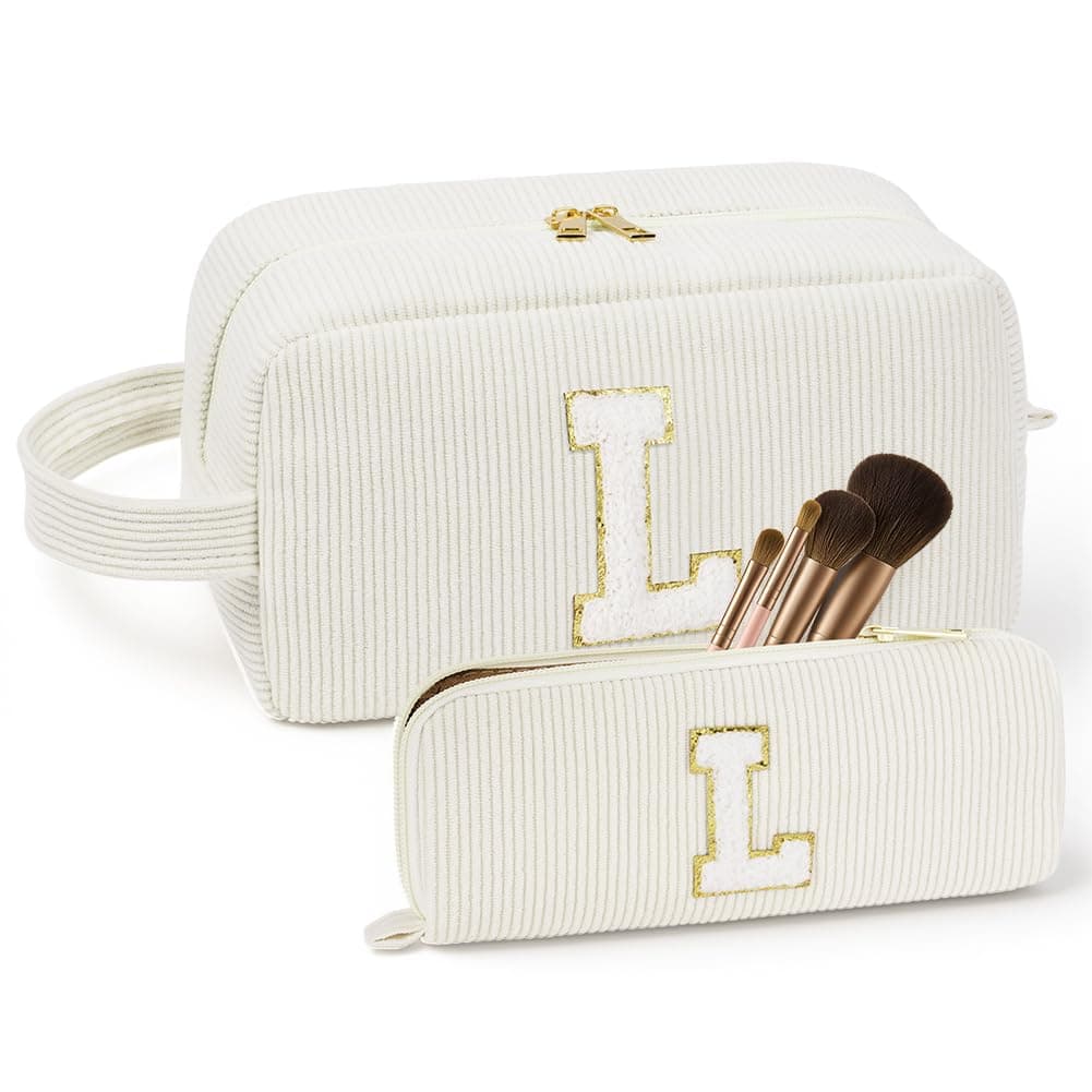 Set Neceser Mujer Personalizado Inicial, 2 piezas Neceser de Maquillaje de Pana, Bolsa de Cosméticos de Viaje, Bolsa de Aseo con Letra, Regalo para Mamá Mujeres Novias Mejores Amigas (Beige - L)