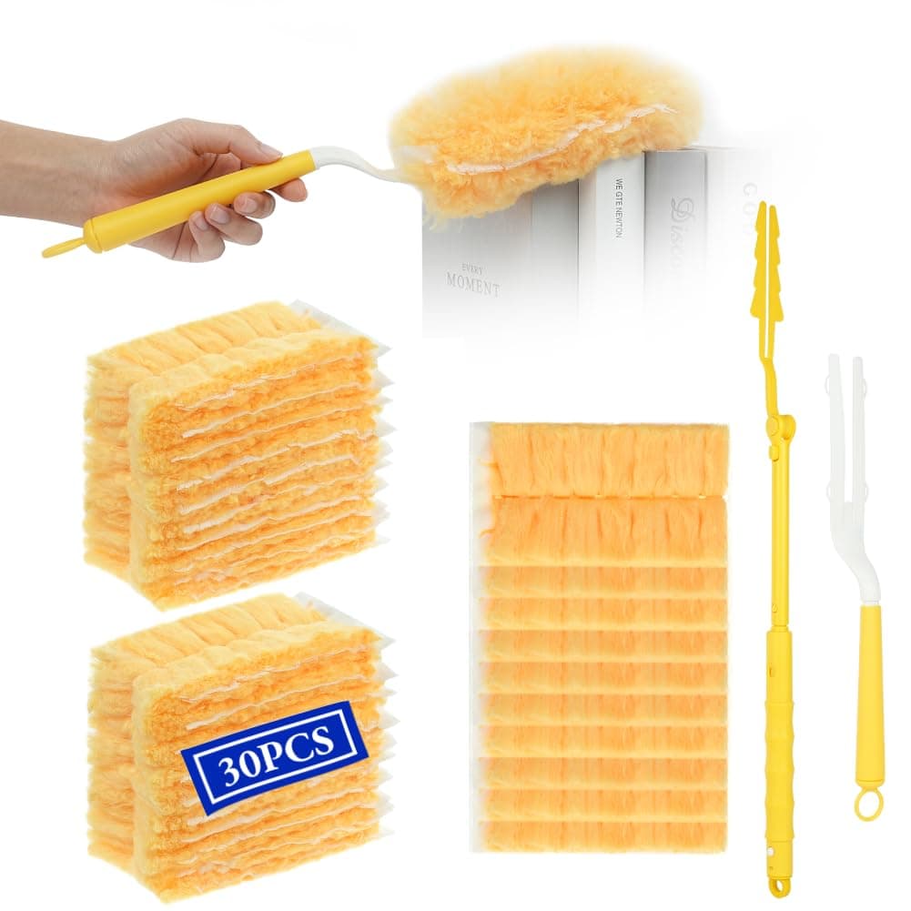 Vicloon Plumero Atrapapolvo Doble Cara, 30Pcs Plumero Duster Recambios Kit Antiestático Atrapan y Bloquean el Polvo y los Alérgenos para Limpiar Persianas Pelo de Animales con 2 Mango para Swiffer Kit