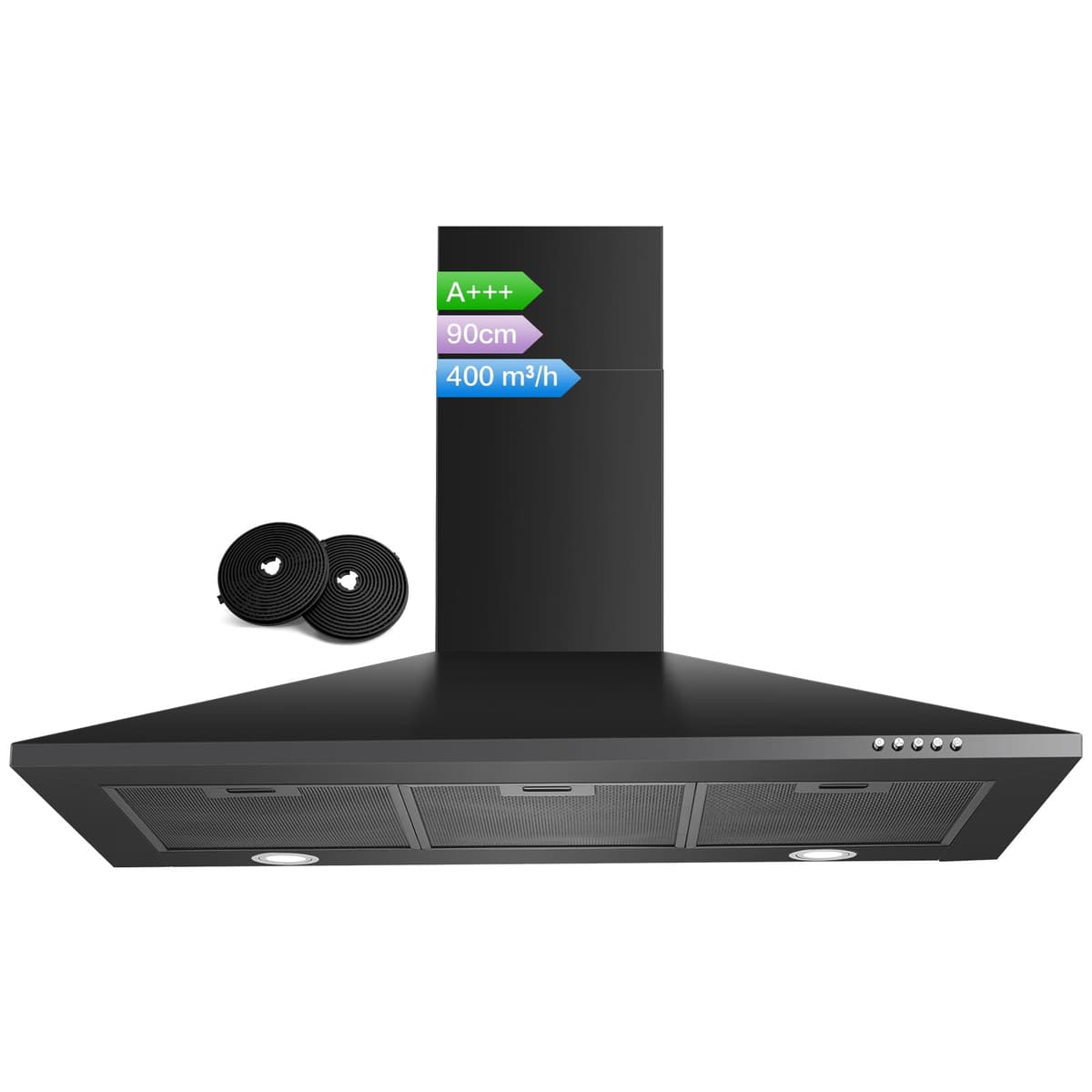 SNDOAS 90 cm Cooker Hood, Class A+++, 3-Speed Wall Mounted Range Hood, Extractor Hood, 400m³/h Extractor Fan kitchen with Carbon Filters, Black