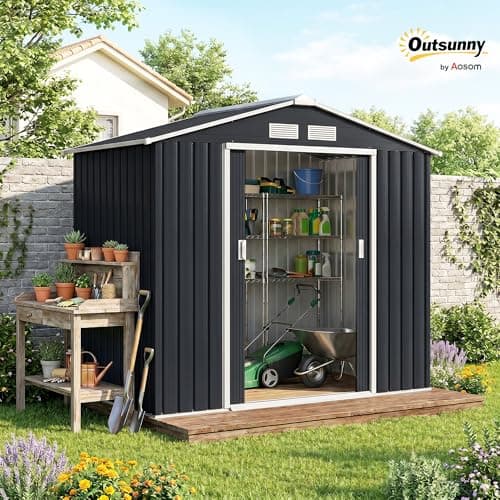 Outsunny 7' x 4' x 6' Garden Storage Shed Outdoor Patio Yard Metal Tool Storage House w/Steel Foundation Kit and Double Doors, Dark Grey