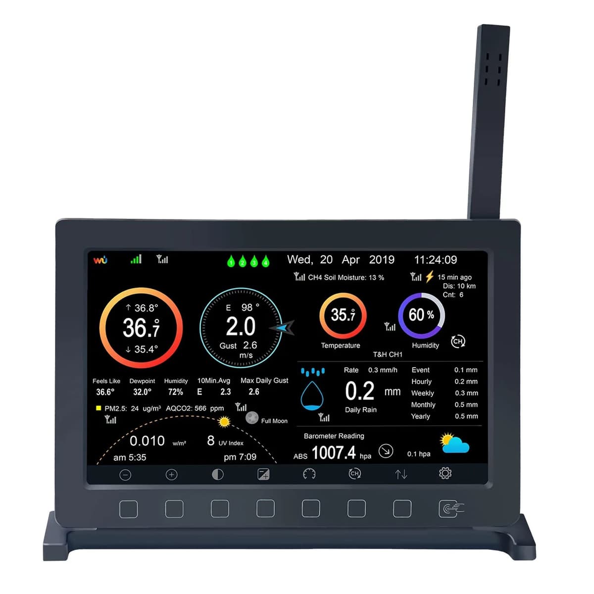 ECOWITT HP2560 Consola para estaciones meteorológicas, pantalla interior TFT en color de 7 pulgadas con botón táctil, accesorio, sensores 3 en 1 incorporados, compatible con exteriores WS90/WS85/WS69