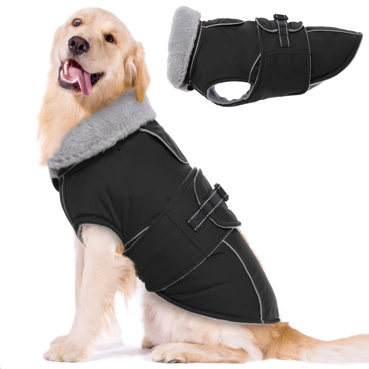 Lelepet Warm Coats and Jackets for Dogs, Waterproof Winter Dog Coat for Cold Weather, Reflective Dog Puffer Jacket, Fleece Lining Pet Coat with Harness Hole for Large Dogs, Black 2XL