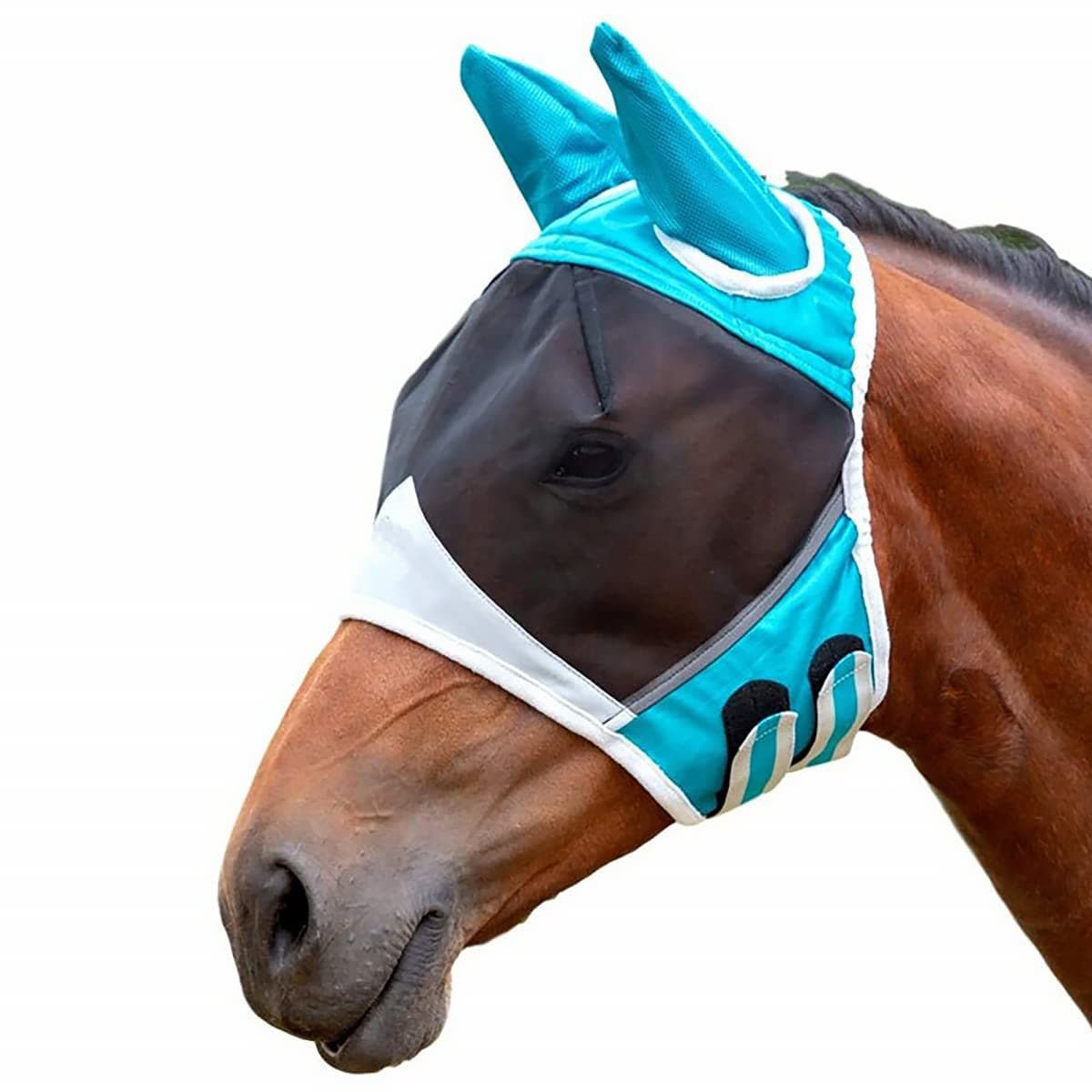Máscara antimoscas de malla fina con orejas, transpirable, antimosquitos, para caballo, azul y blanco, L