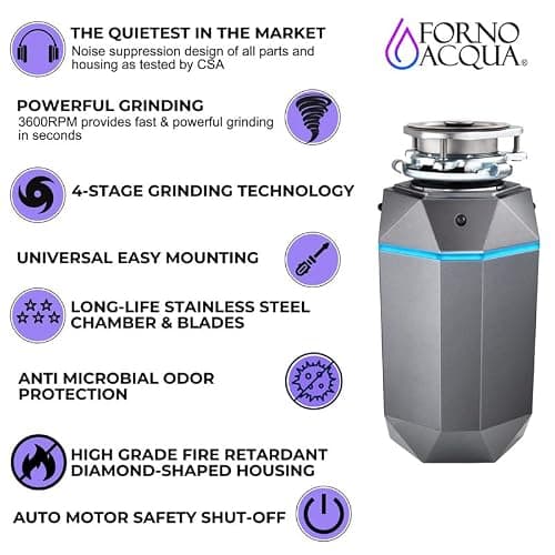 FORNO ACQUA BrightDiamond Black Onyx 1 HP Ultra-Quiet Garbage Disposal with Motion Sensor Light & Pre-Wired Air Switch — view 3
