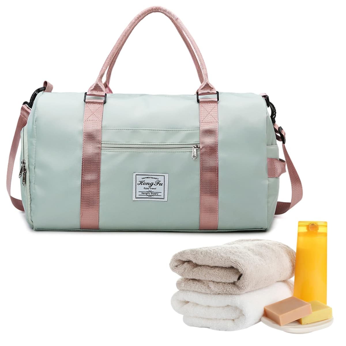 Bolsa Deporte, Verde y Rosa Bolsas Deporte Mujer, Separación para Ropa Seca y Mojada Bolsa Gimnasio Hombre, con Compartimento para Zapatos, para Fitness, Camping