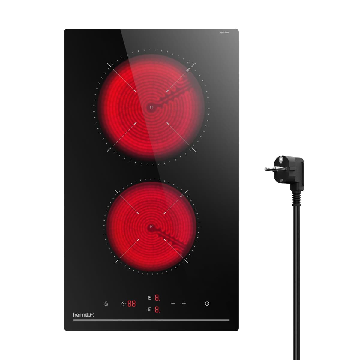 Hermitlux placa vitrocerámica 2 fuegos 28,8cm, 9 niveles de potencia, control táctil, temporizador, seguro para niños, apta para todo tipo de sartenes, 3300W